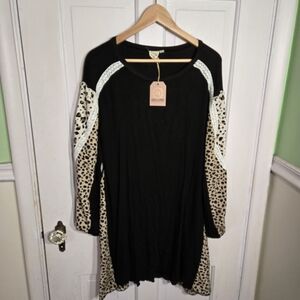 Black and Tan Women's Tunic with Animal Print Sleeves Size S